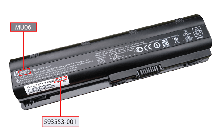Example showing where to find a battery model and part number